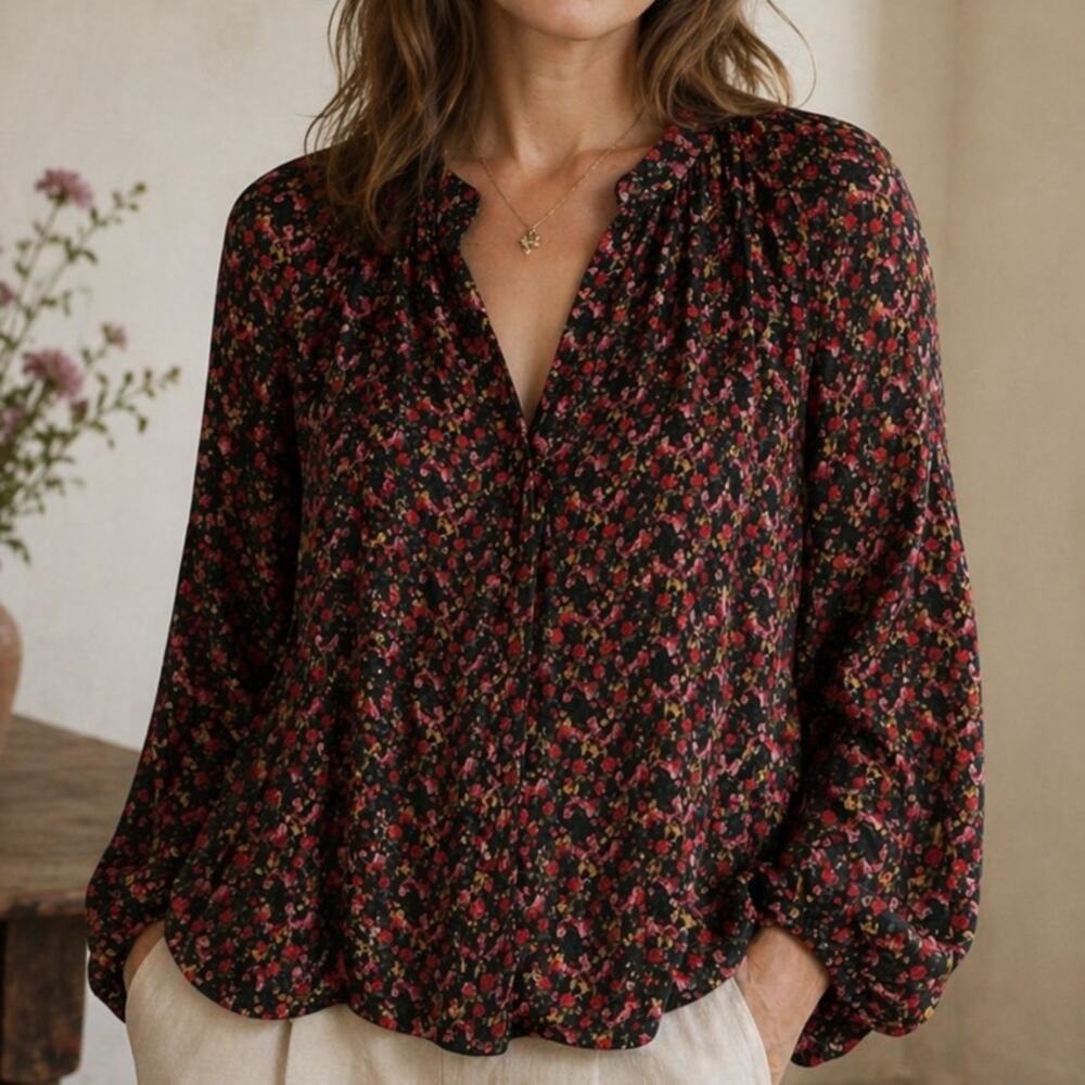 Something Navy Button up Top size XS Dark Floral Balloon Sleeves Cottagecore